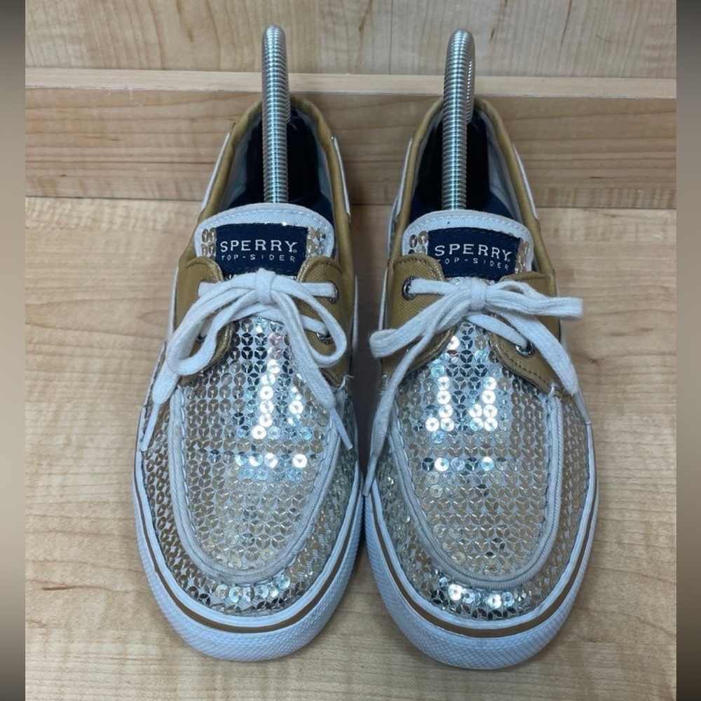 Women’s Sperry Top-Sider Gold Sequins Boat Shoes, Size 7.5 Medium.